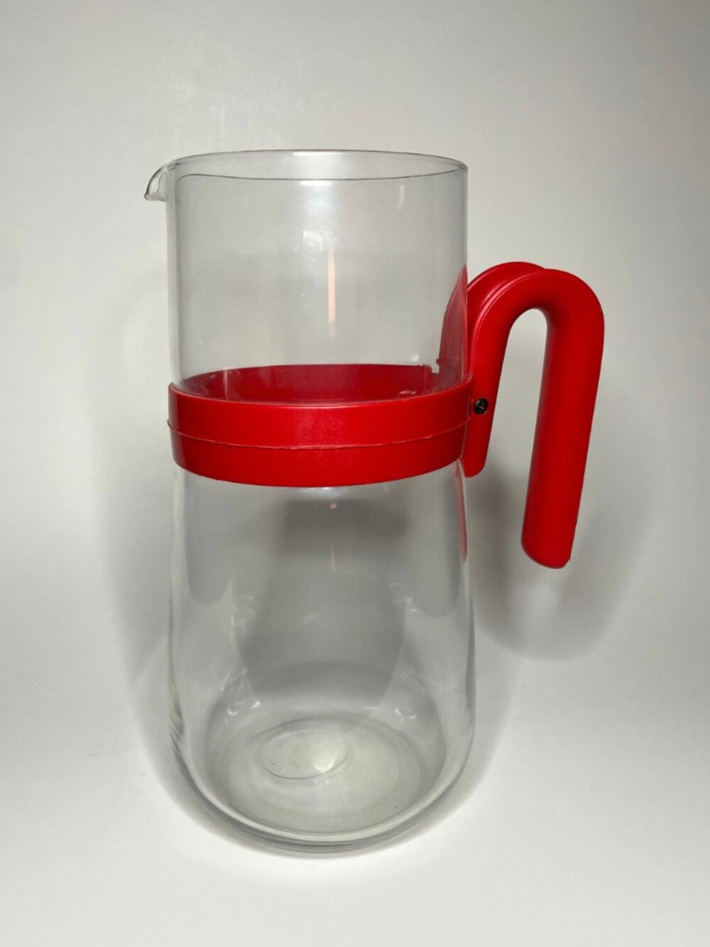 Vintage Bormioli Rocco Italy Glass Pitcher, 1980s Postmodern Red Handle Beverage